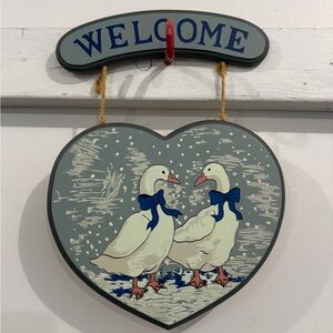 Vintage White Goose with Blue Bow & Snow Welcome Sign 1980s Decor Cottage Core